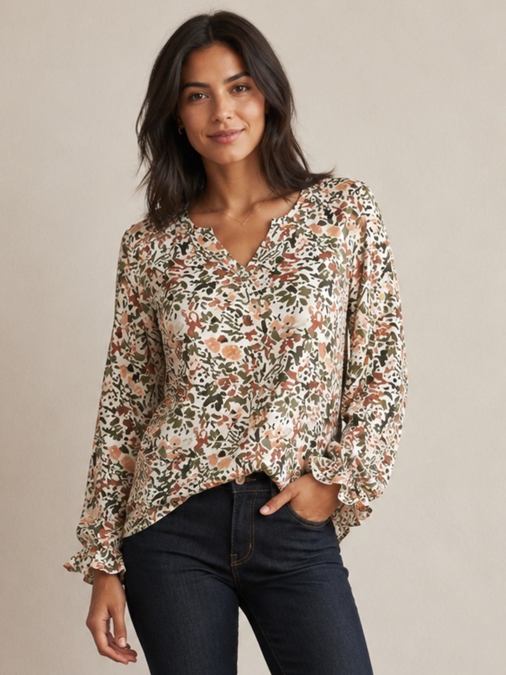 Jessica Simpson Brown Floral Blouse Women’s Size Small Long Sleeve Cream V-Neck